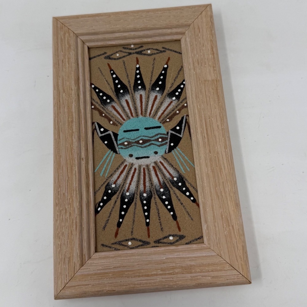 Vintage Navajo Sand Painting Ben Yazzie Signed Sun Face Wood Frame 7.5" x 4.5"